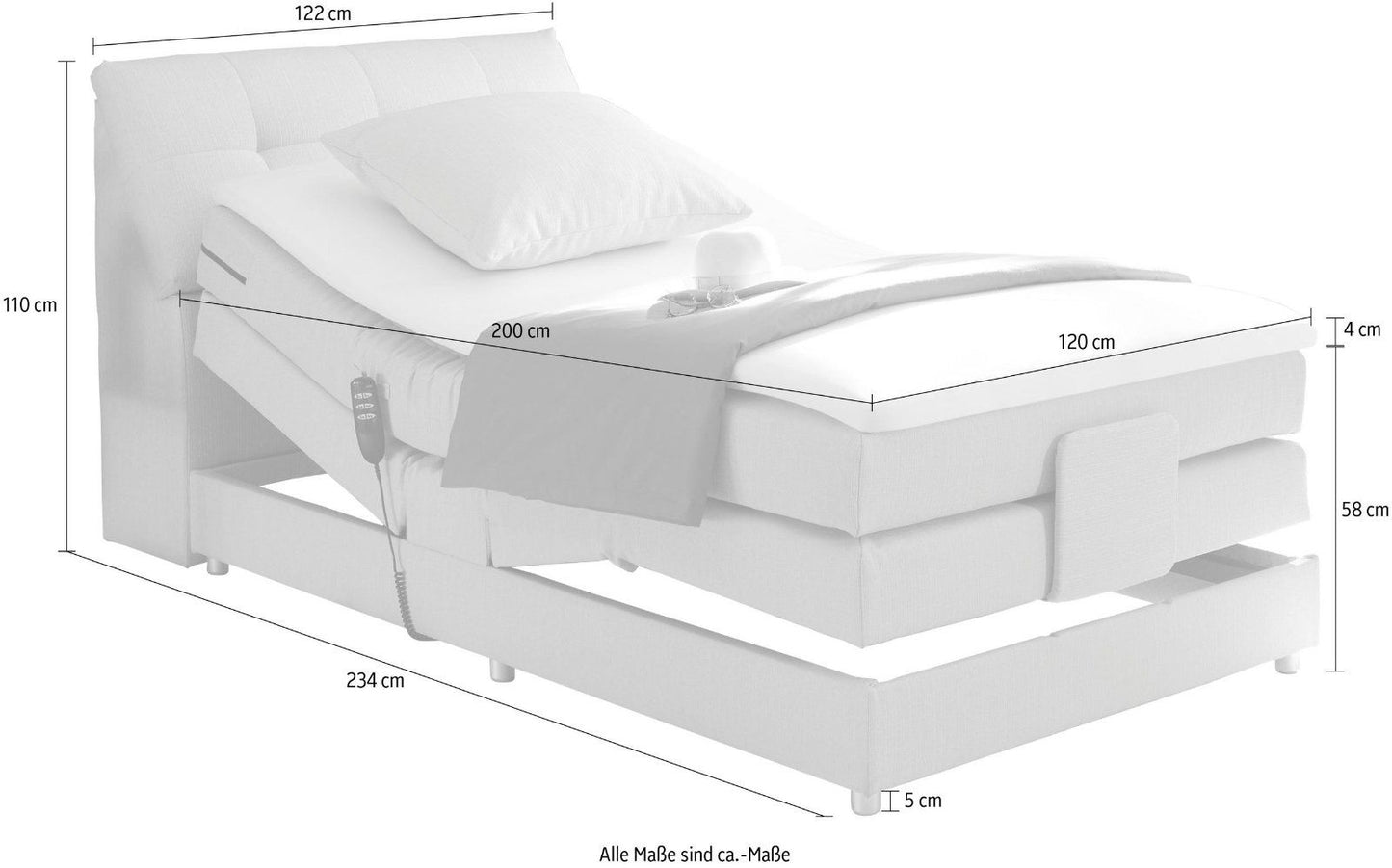 Boxspringbett »Concord« inkl. Motor, 120x200cm, Stauraum im Kopfteil und Topper in hellgrau