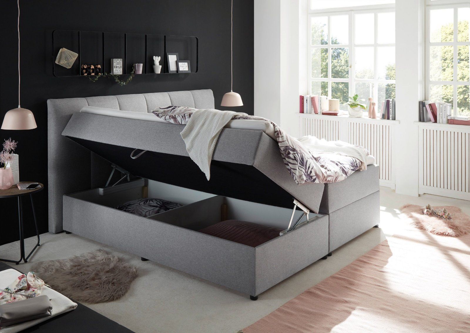 Boxbett Granada, 180cm, inkl. Bettkasten und Topper in grau