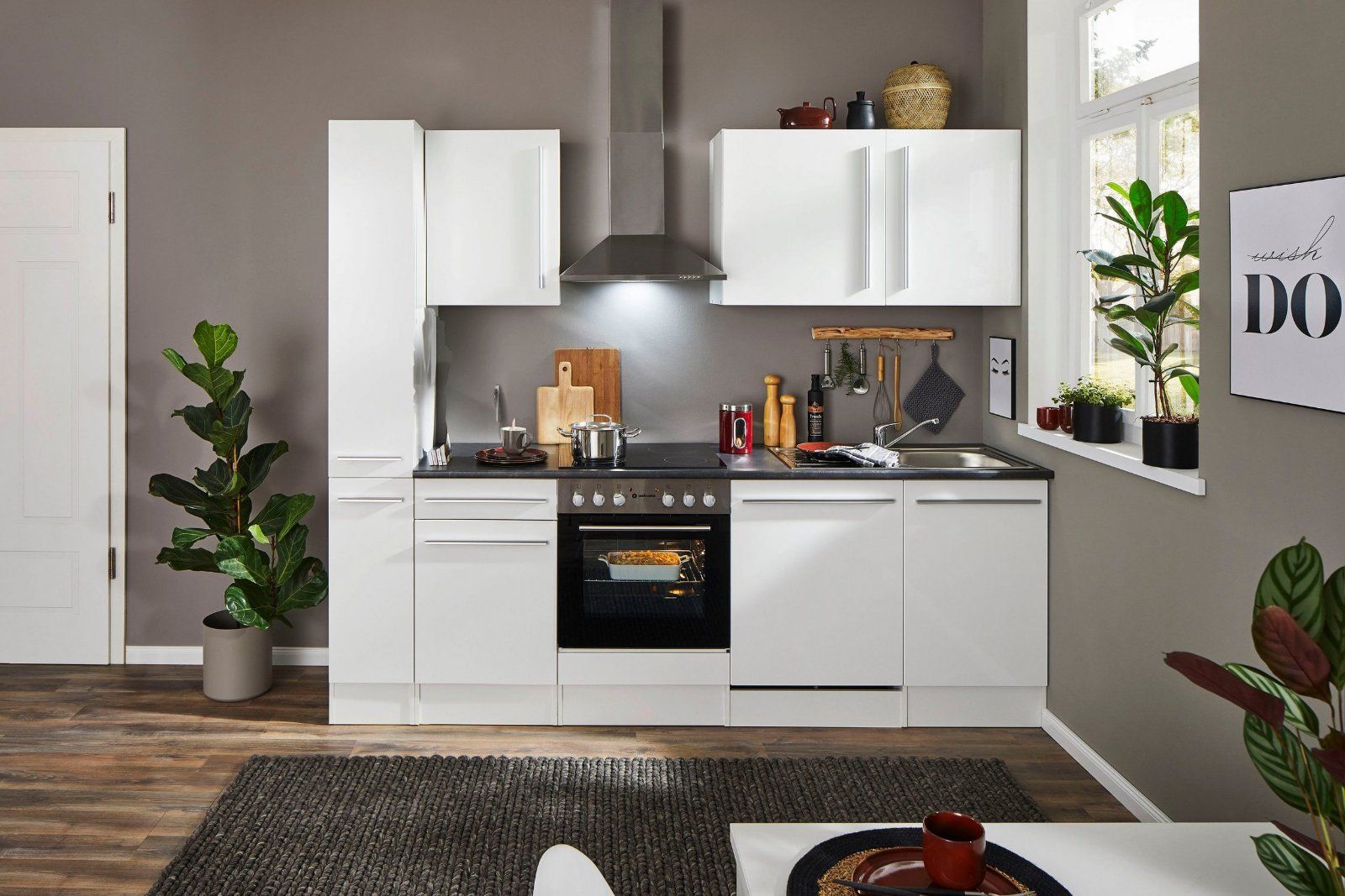 Küchenzeile »Jazz« mit E-Geräten weiß Hochglanz-stone dark 250cm