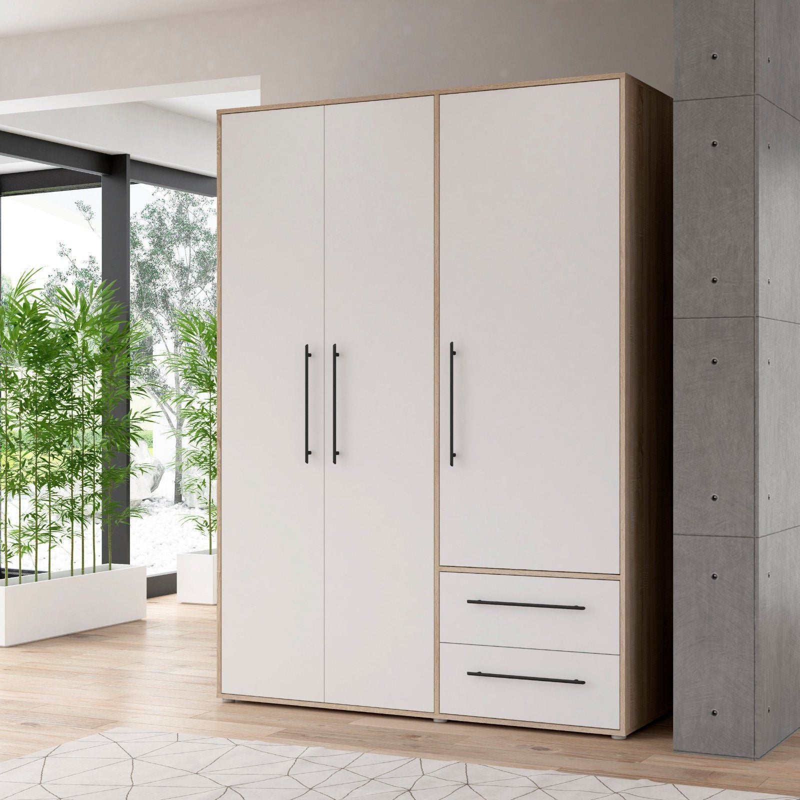 Drehtürenschrank mit Schubladen und Stangengriffen in eiche weiß