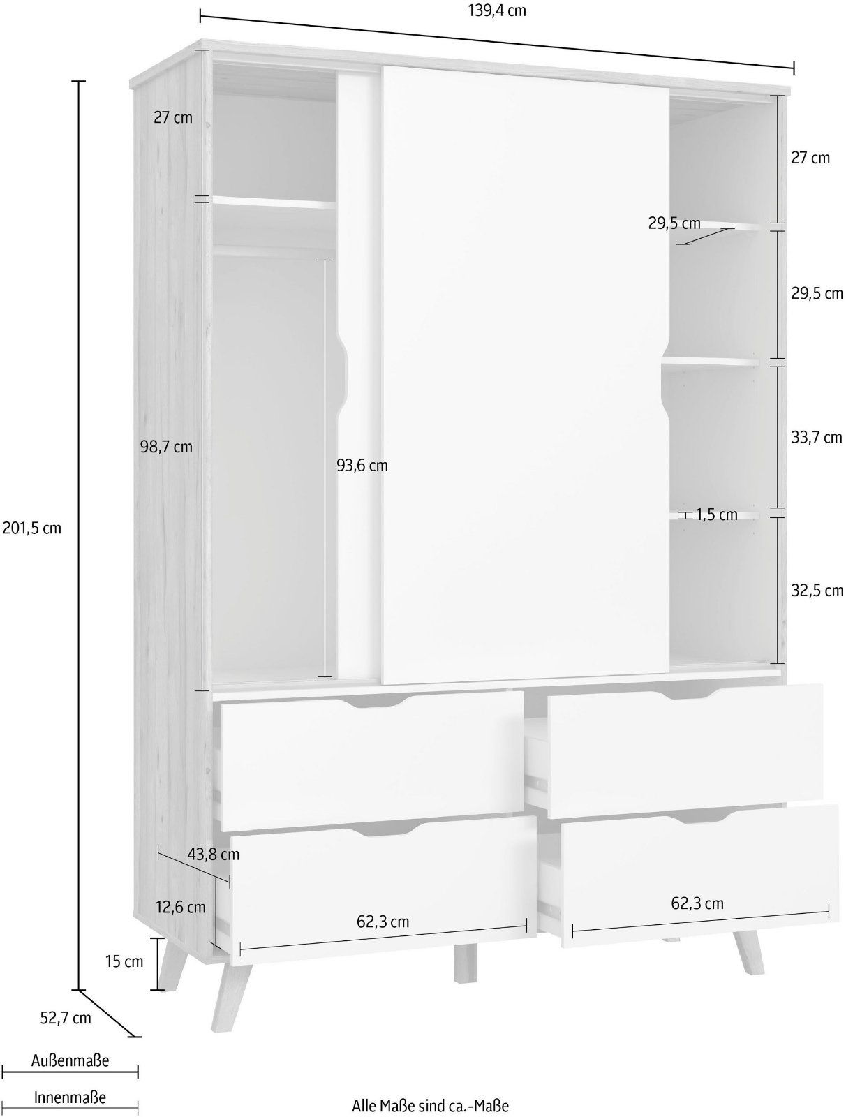 Schiebetürenschrank »Vankka« mit 4 Schubkästen in Planken Eiche/Weiss