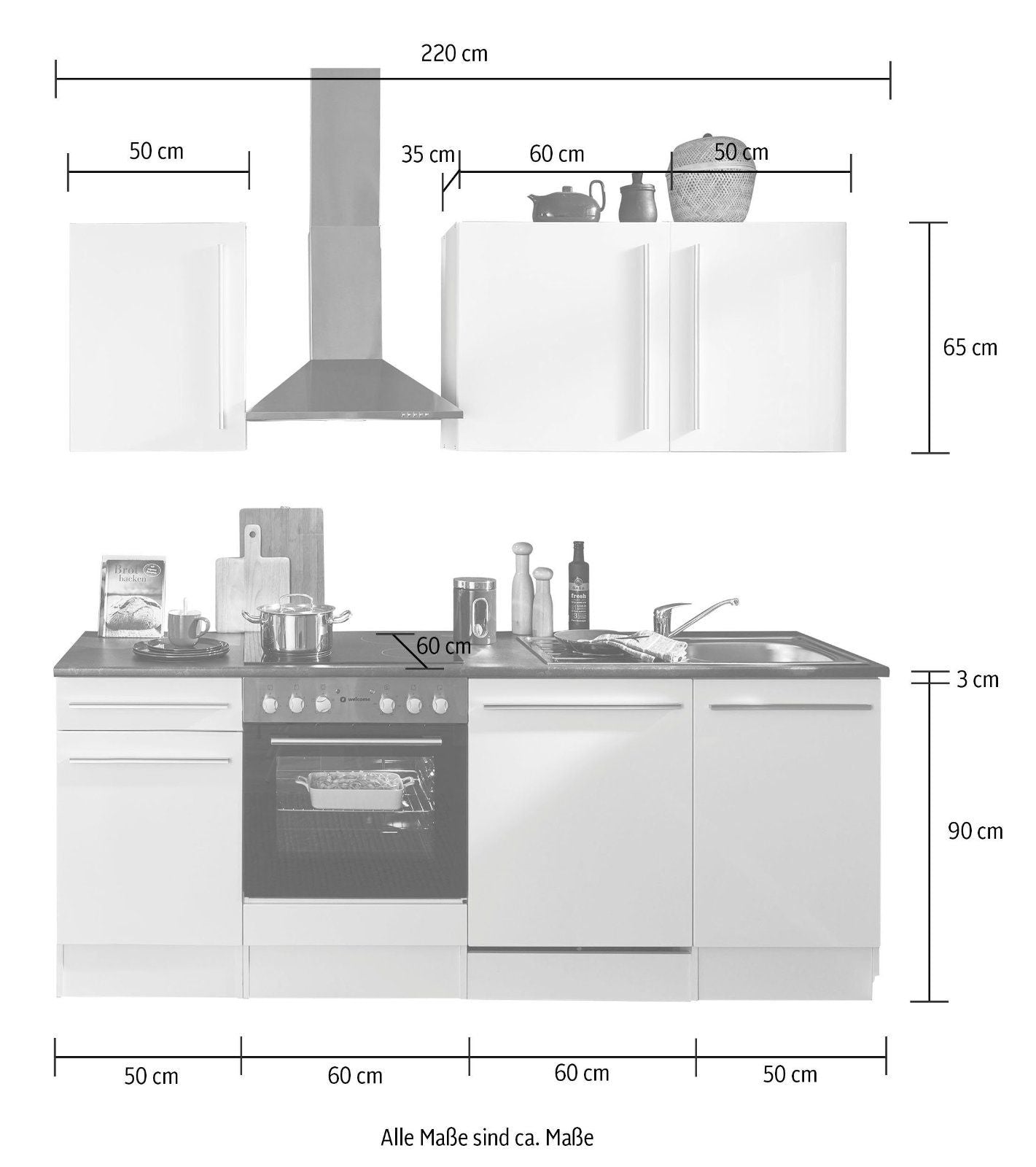 Küchenzeile »Jazz« Breite 220 cm mit E-Geräten anthrazit/artisan eiche-metallic braun