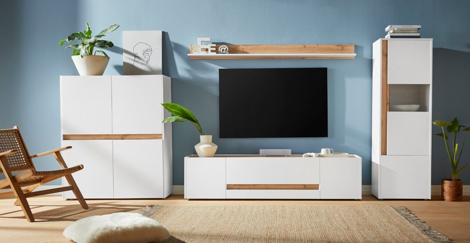 Wohnwand / Wohnzimmer-Set »Giron« in weiß/Wotan Eiche