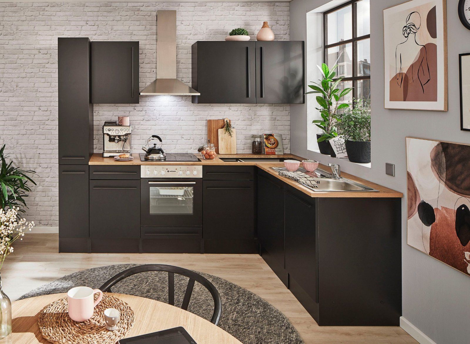 Winkelküche Jazz, Stellbreite 250x175 cm, mit E-Geräten in schwarz-lanzelot eiche | schwarz matt