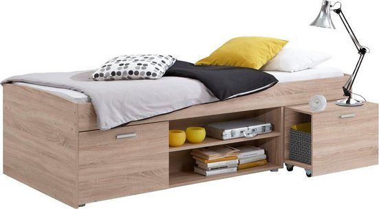 Funktionsbett 90x200cm mit Nachttisch Struktureichefarben hell