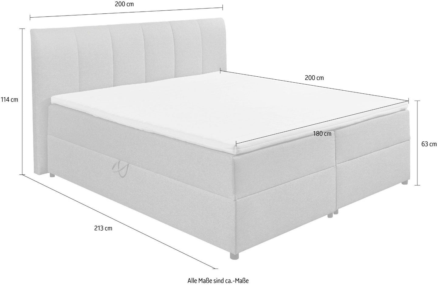 Boxbett Granada, 180cm, inkl. Bettkasten und Topper in grau