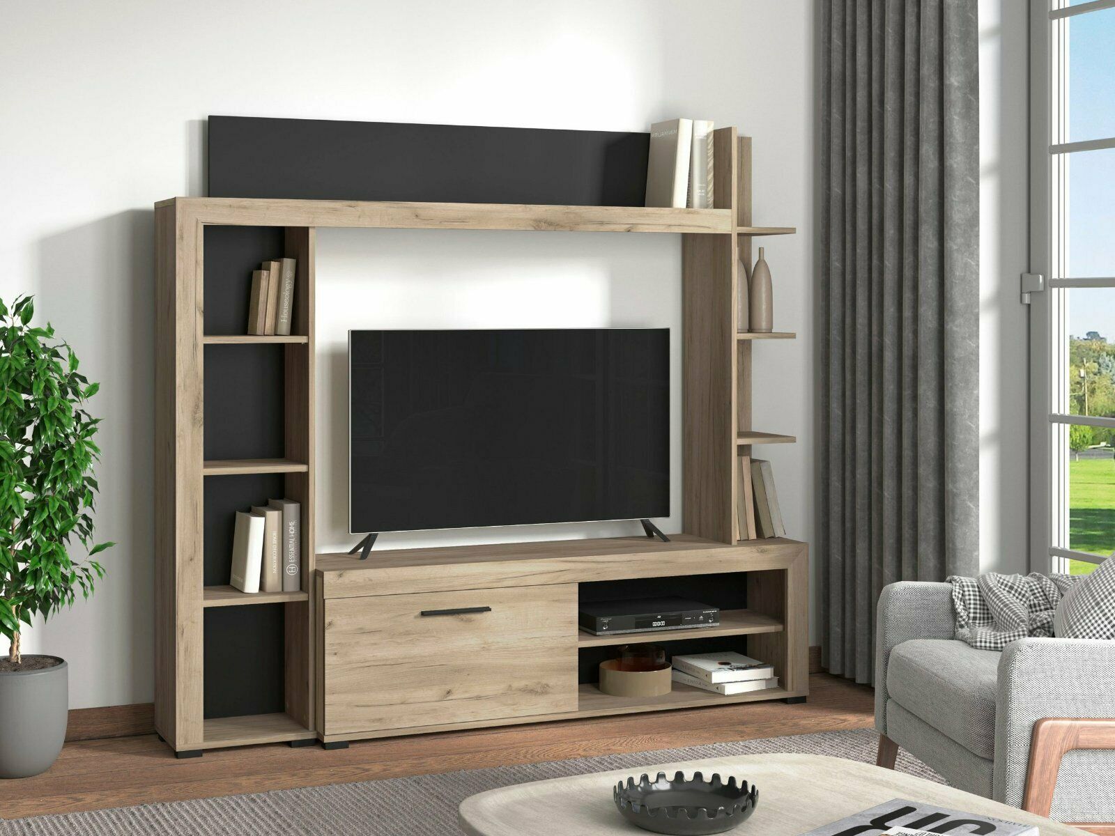 Wohnwand »Rubi«, (Set, 4-St) Grau Eichefarben /schwarz