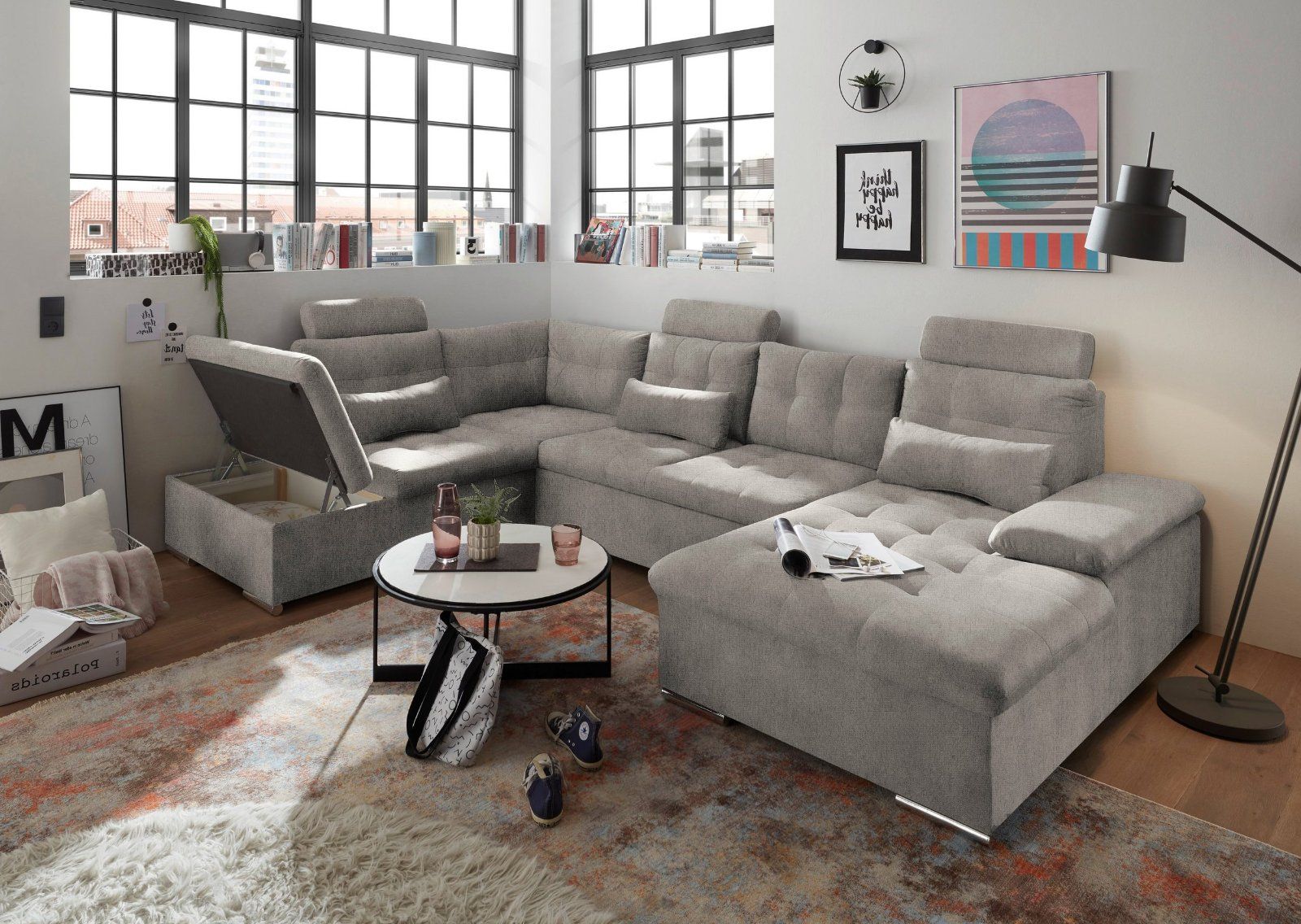 Wohnlandschaft Jakarta mit Bettfunktion und Bettkasten in grau - beige