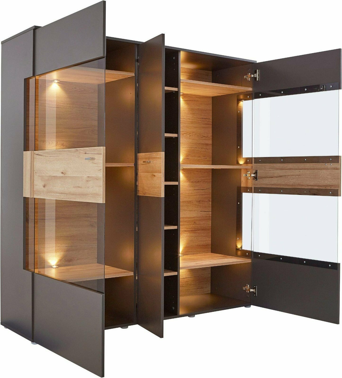 Vitrine Breite 150 cm, inkl. Beleuchtung in grau-eichefarben