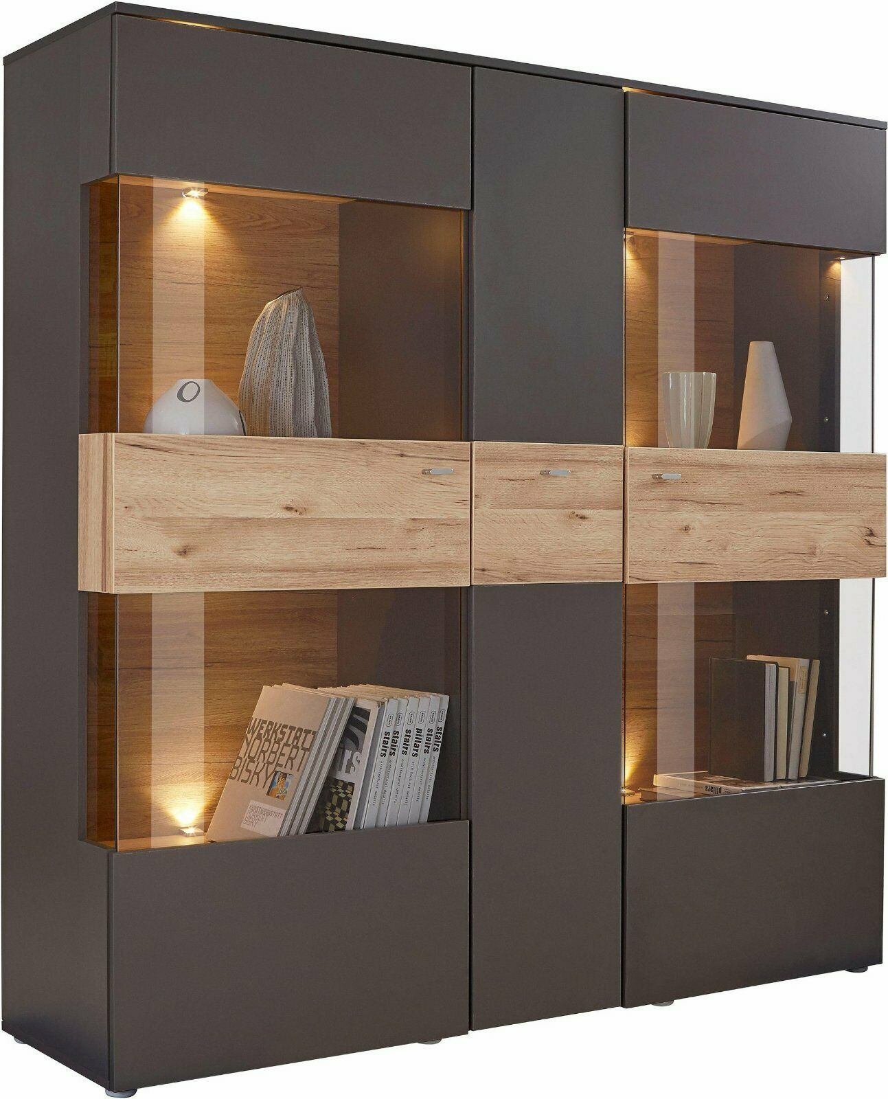 Vitrine Breite 150 cm, inkl. Beleuchtung in grau-eichefarben