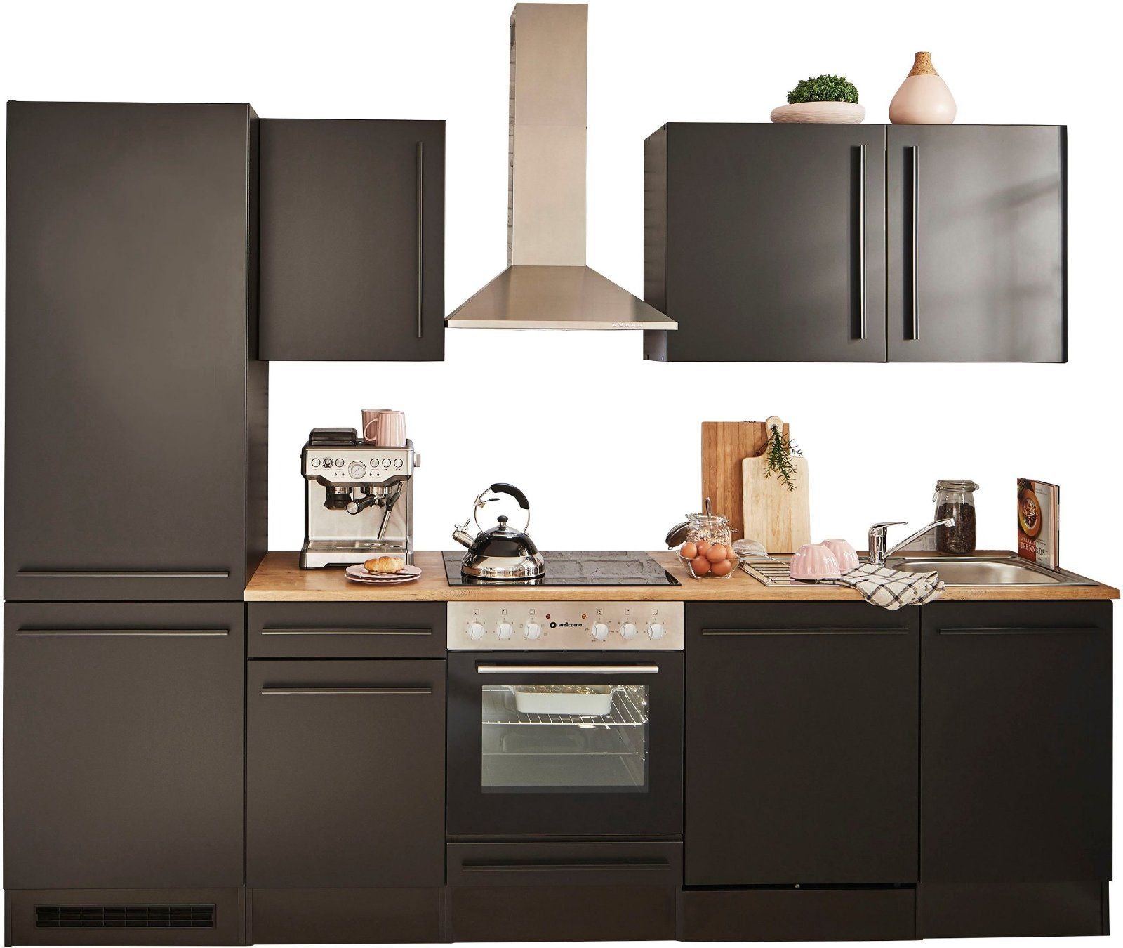 Küchenzeile »Jazz« mit E-Geräten in schwarz/schwarz-lanzelot eiche | schwarz matt MDF