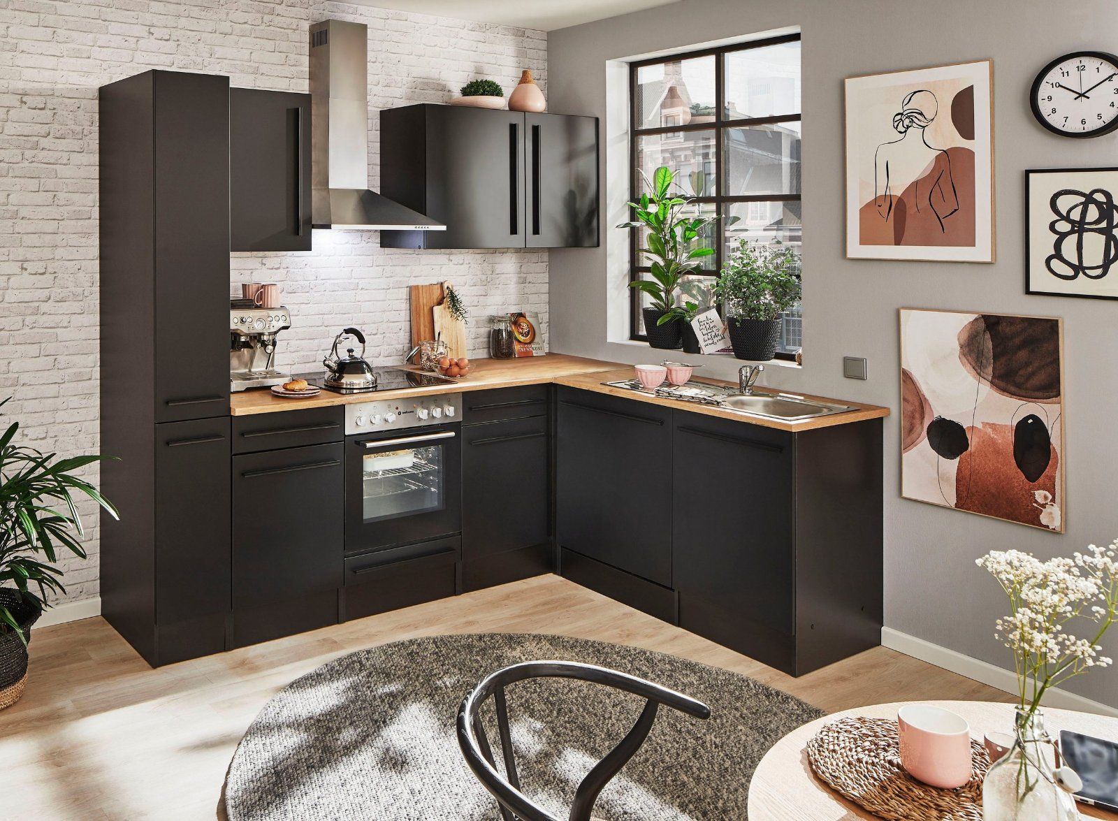 Winkelküche Jazz, Stellbreite 250x175 cm, mit E-Geräten in schwarz-lanzelot eiche | schwarz matt