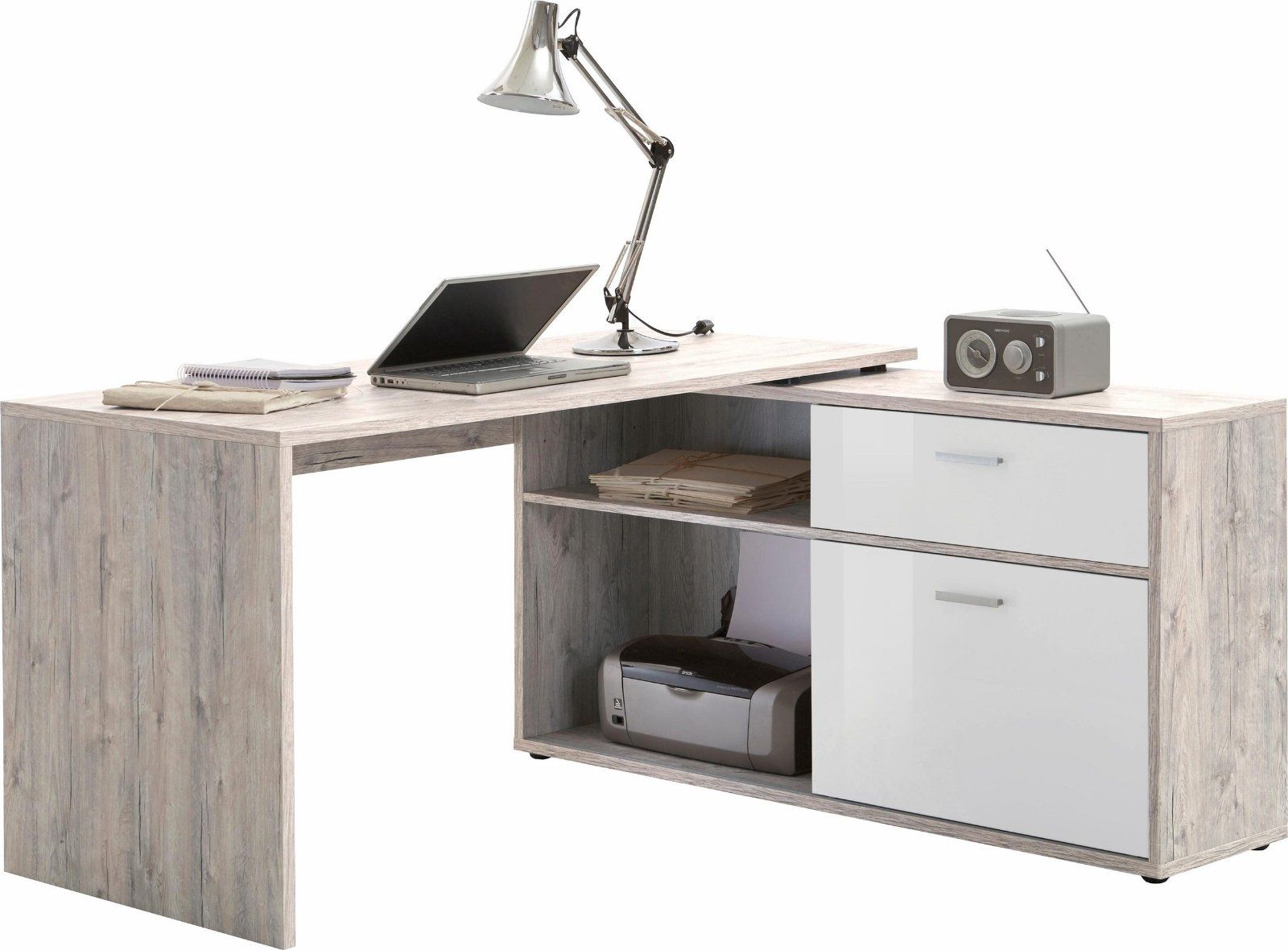 Eckschreibtisch Diego in sandeichefarben/weiß Hochglanz