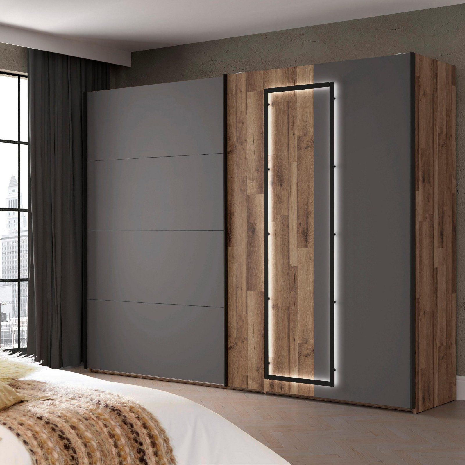 Schwebetürenschrank Sirius Black mit LED-Beleuchtung