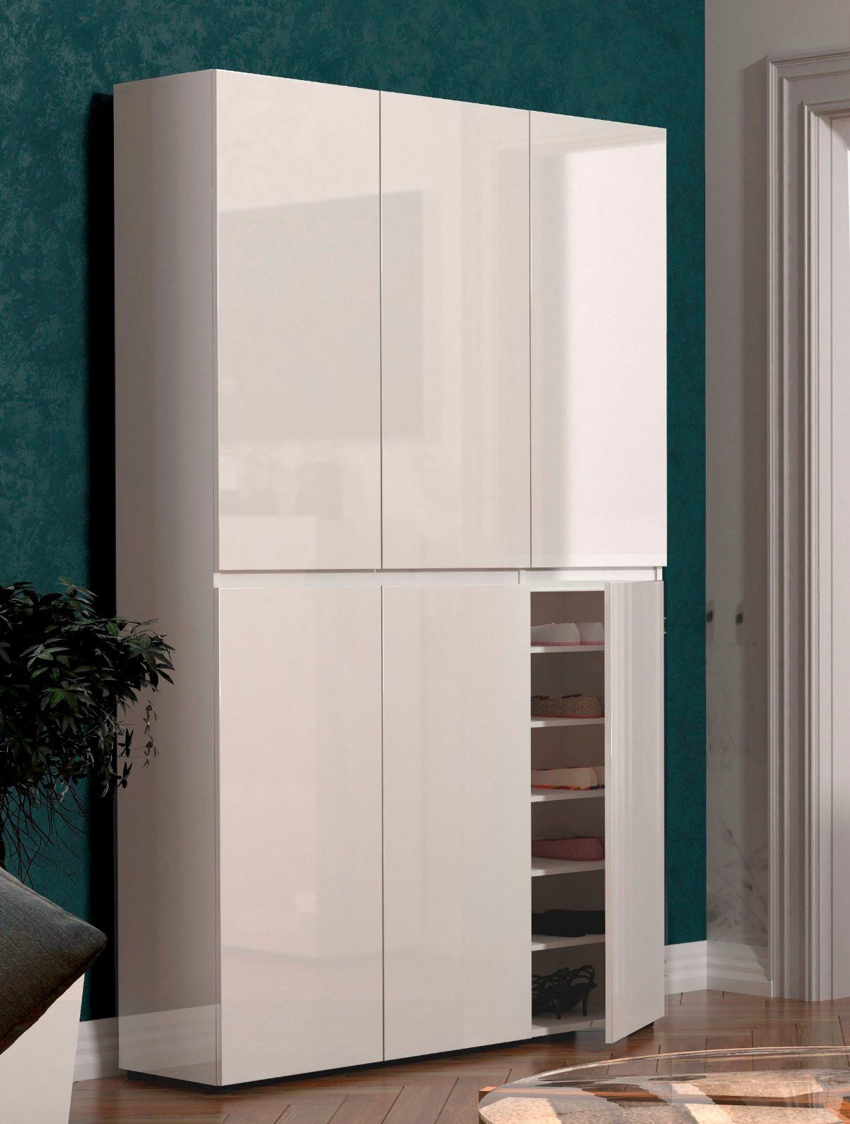 Schuhschrank Mister in Hochglanz weiß, lackiert, mit 6 Türen