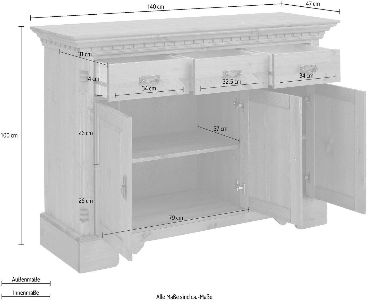 Home affaire Sideboard »Milan« Massivholz cremefarbend