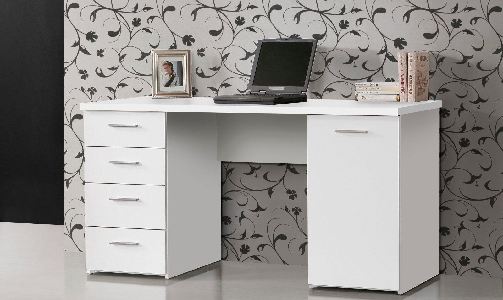 Schreibtisch Netta mit 4 Schubkästen und 1 Tür in weiß