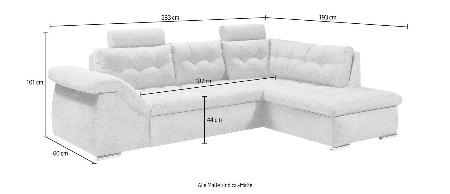 Ecksofa Oman, mit Bettfunktion, Bettkasten in hellgrau