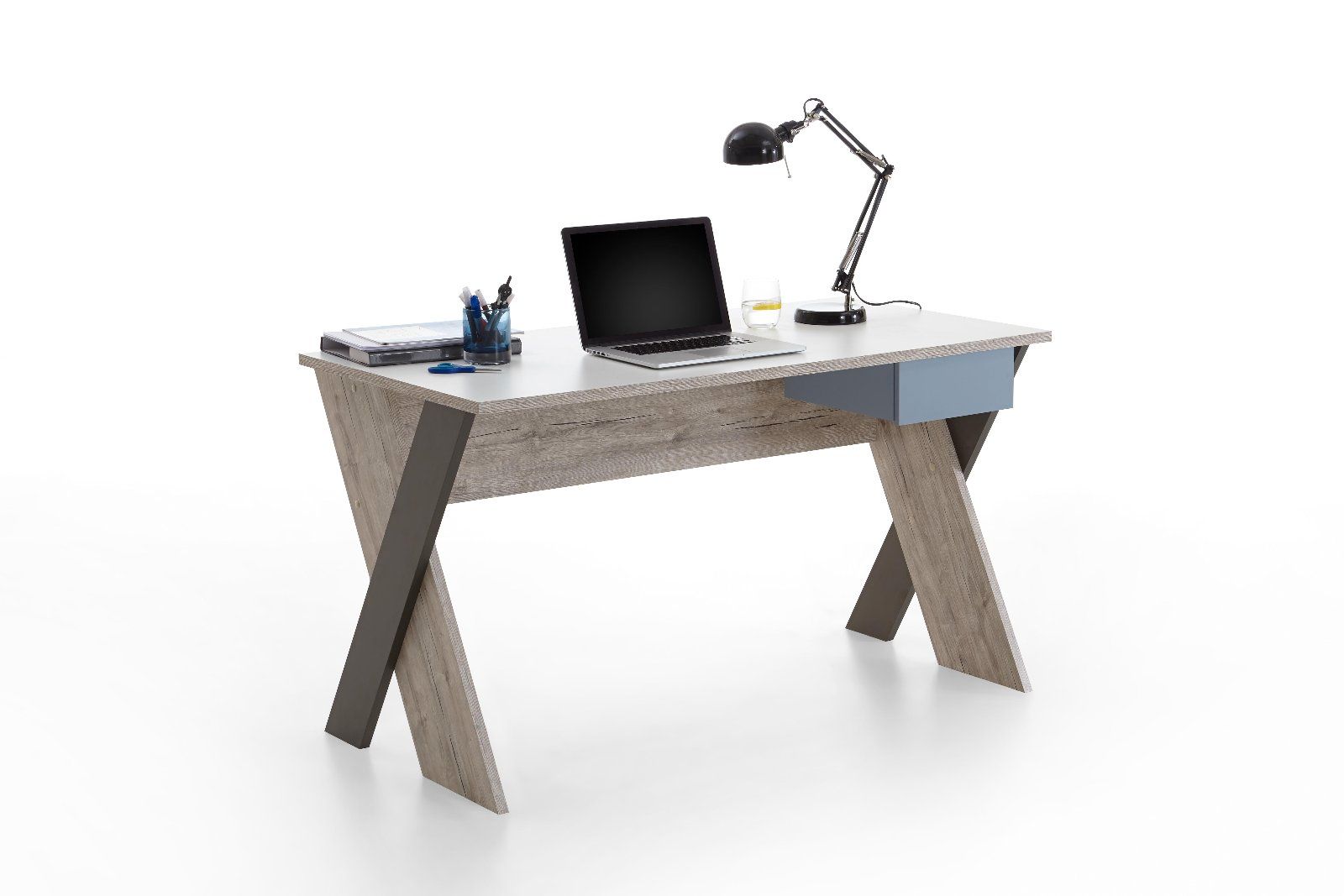 Schreibtisch »Nona 6« in Sandeichefarben, Abs. blau/lavafarben