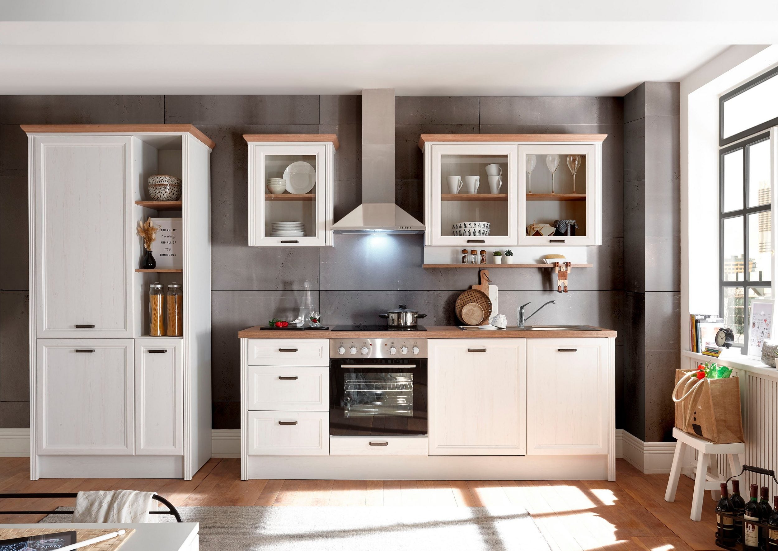 Home affaire Küche Jasmin, 340 cm breit, mit E-Geräte in pinie hell / artisan eiche | natur