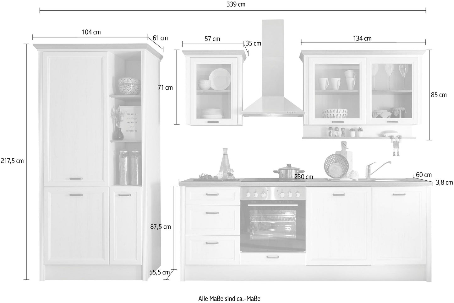 Home affaire Küche Jasmin, 340 cm breit, mit E-Geräte in pinie hell / artisan eiche | natur