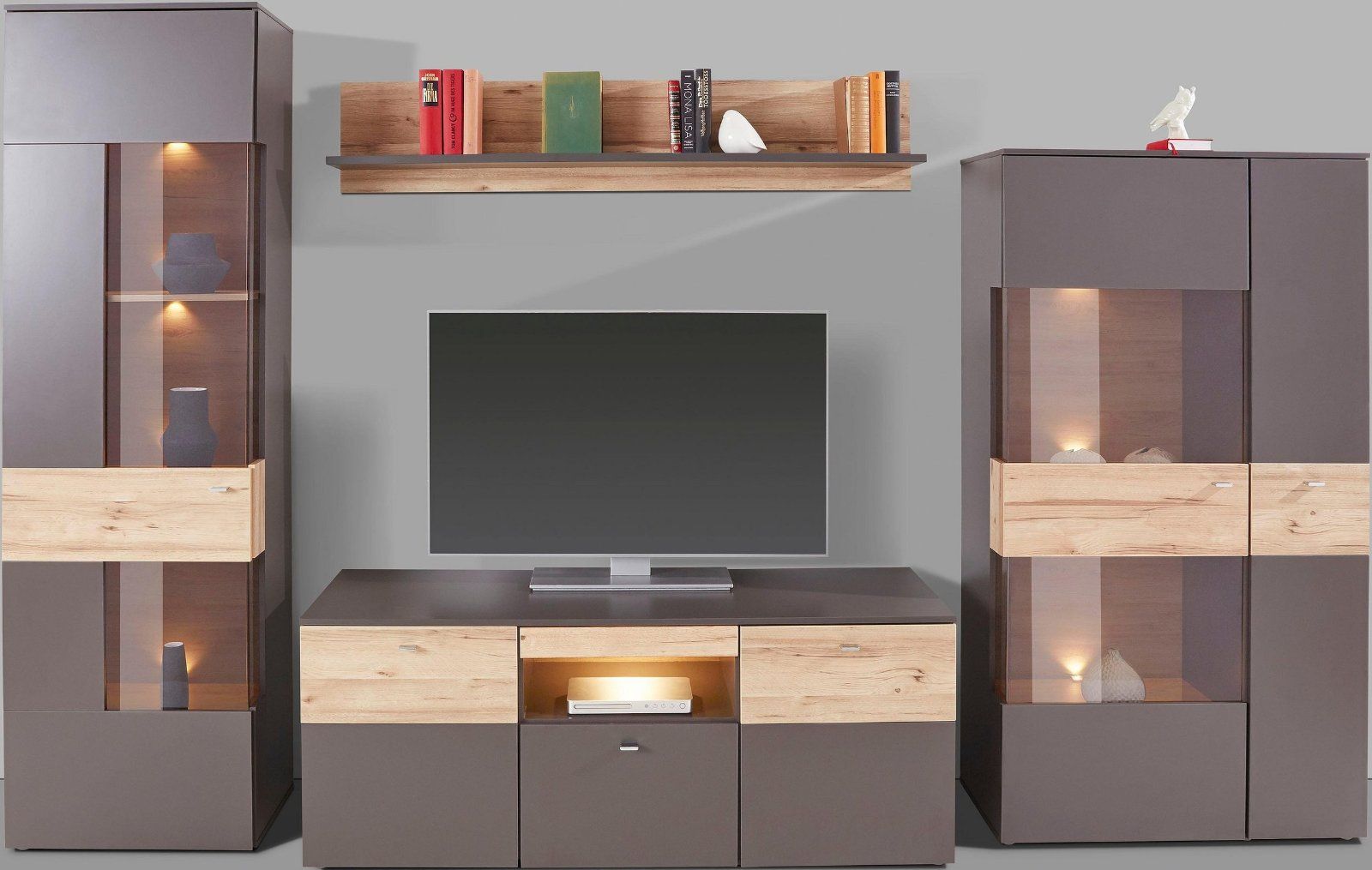 Wohnwand Grau/eichefarben matt Inklusive Beleuchtung