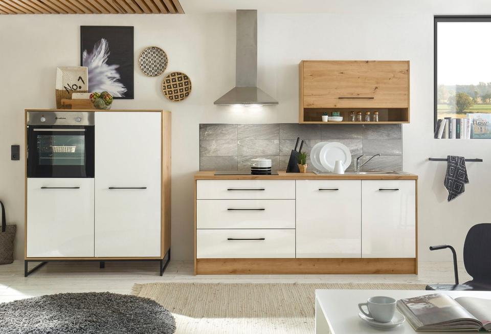 Küche »Seattle« inkl. E-Geräte in weiß hochglanz - artisan/eiche