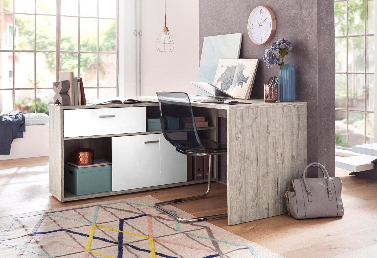 Eckschreibtisch Diego in sandeichefarben/weiß Hochglanz