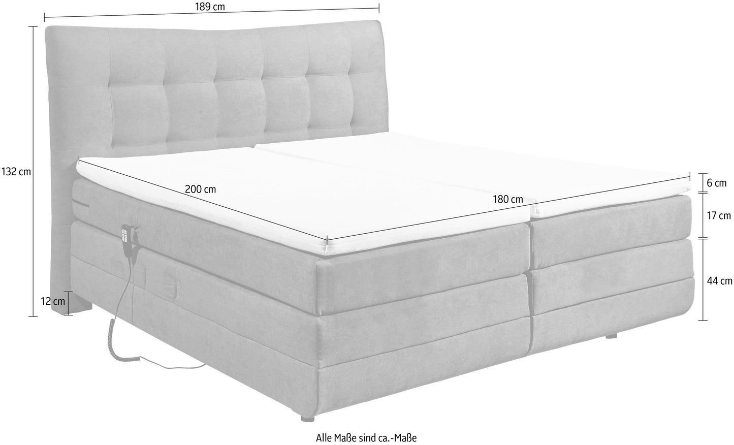 Boxspringbett »Malibu« inkl. Motor und 2 Topper 180x200cm in hellgrau