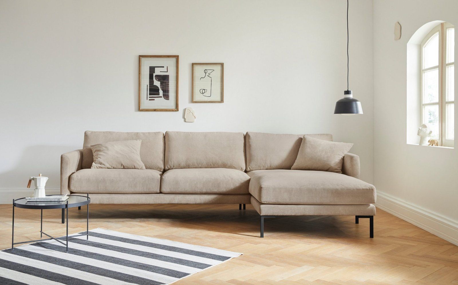 andas Ecksofa Swante, Luxus-Microfaser weich, Füllung mit Federn, Farbe latte