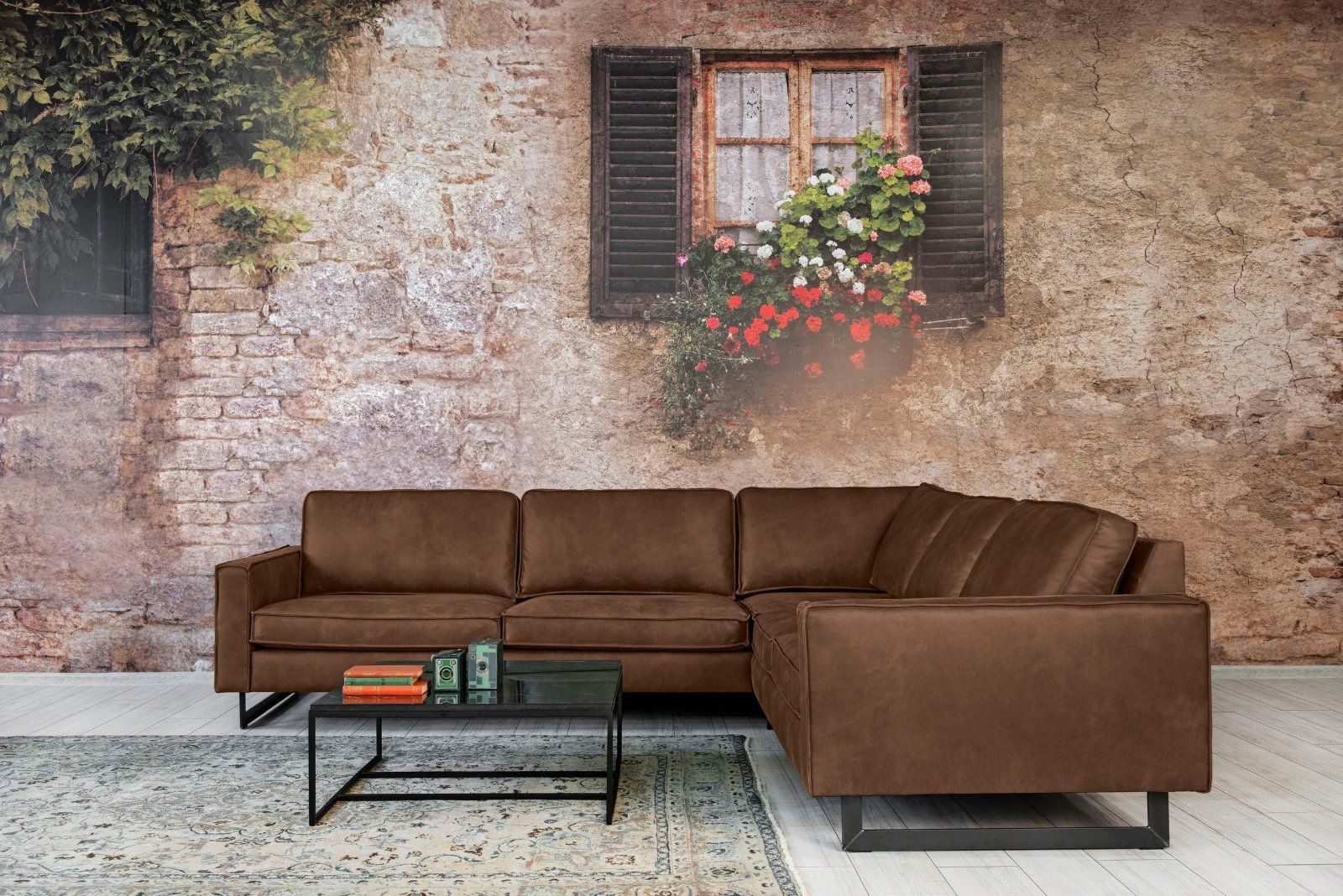 Ecksofa Pinto mit Hocker in Luxus-Microfaser Lederoptik braun