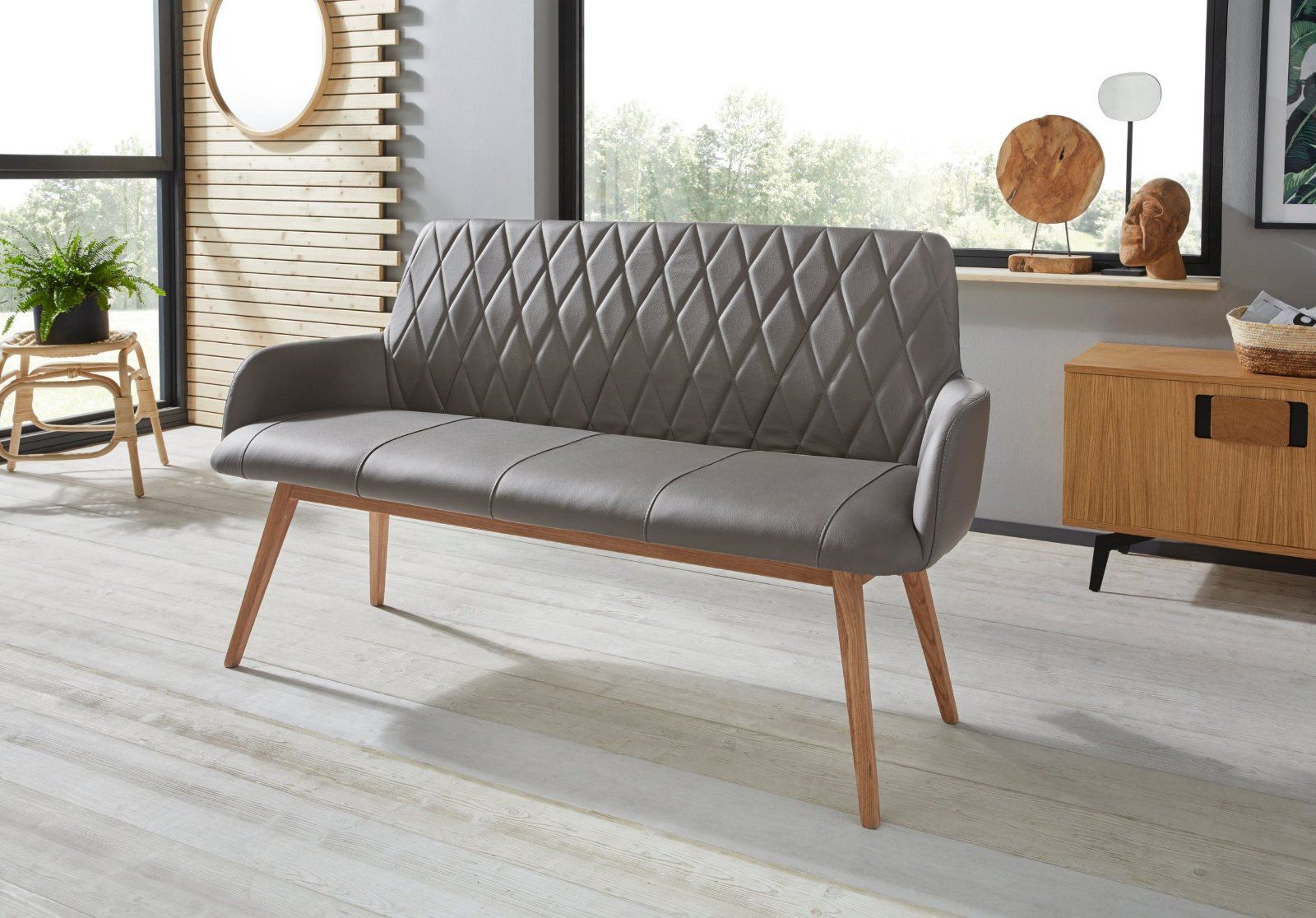 Home affaire Sitzbank Brest in grau, Leder, Massivholz, Bank Breite 90 cm