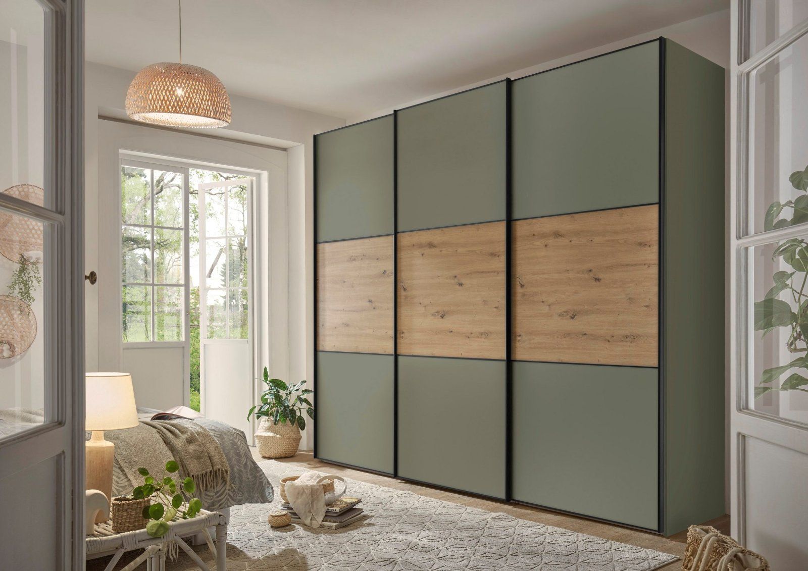 STAUD Schwebetürenschrank Includo 280cm in Dekor salbei/Artisan Eiche