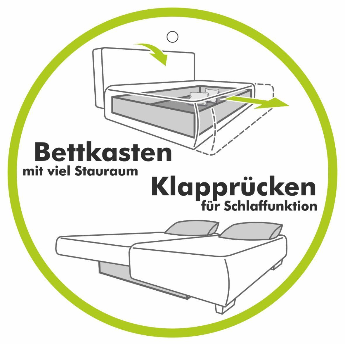 Schlafsofa Yann inklusive Bettfunktion und Bettkasten in grau