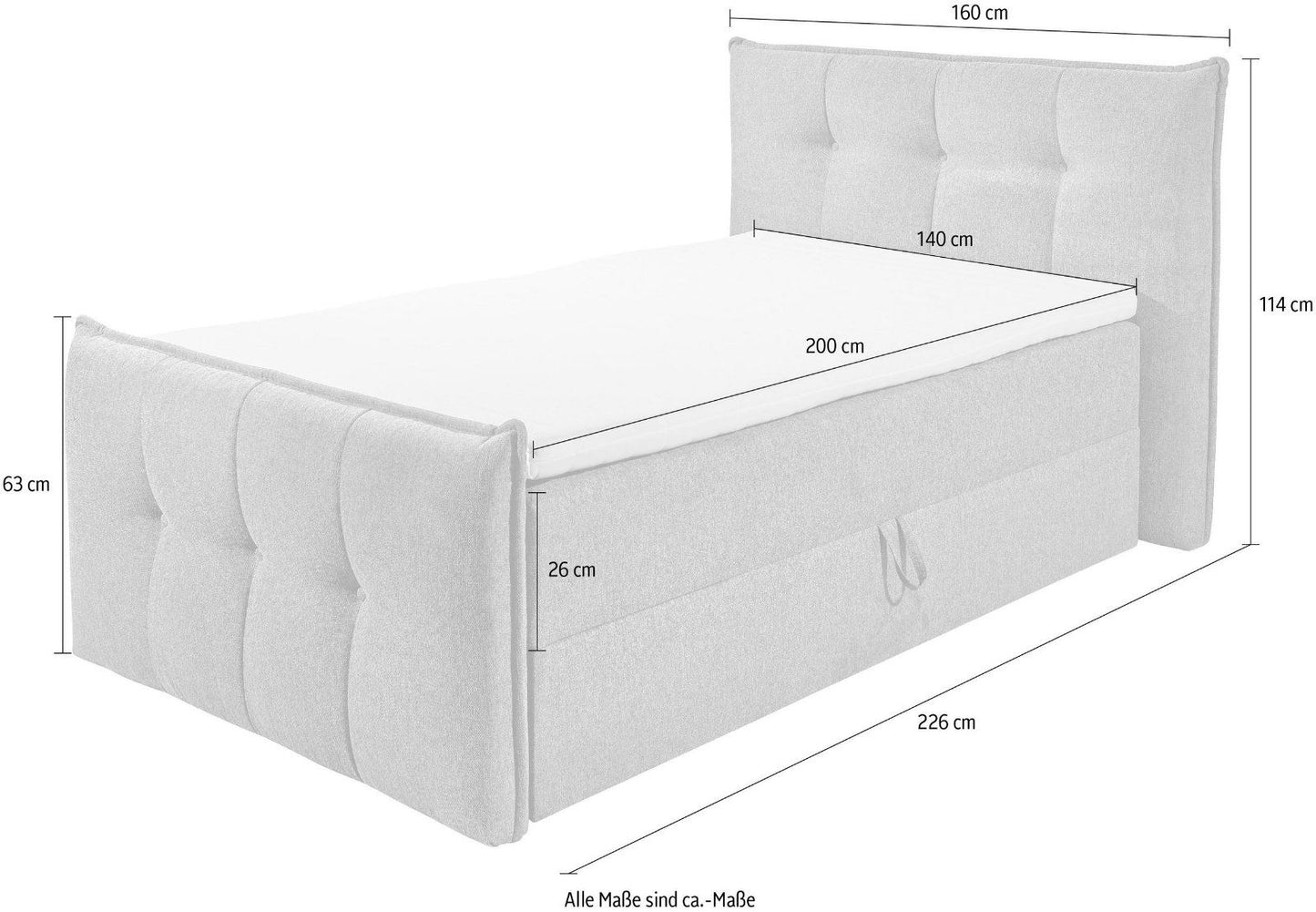 Boxbett Thompson, 140x200cm inkl. Bettkasten und Topper in grau