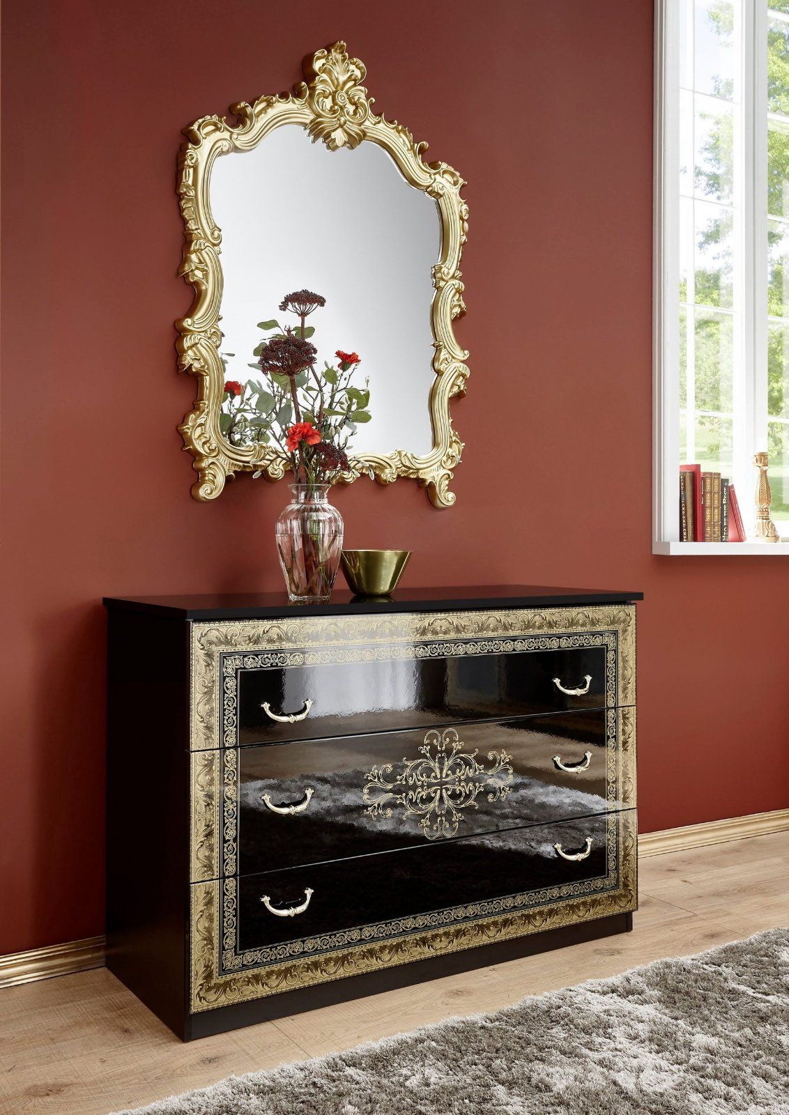 Schubkastenkommode Eliza, Barock-Stil und Gordfarbene Umrandung