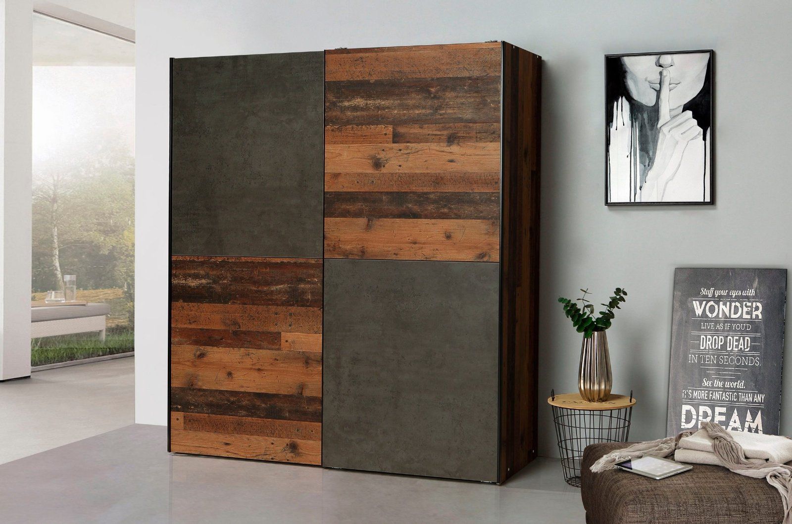 Schwebetürenschrank Dederik in Old Wood Vintage/Betonoptik