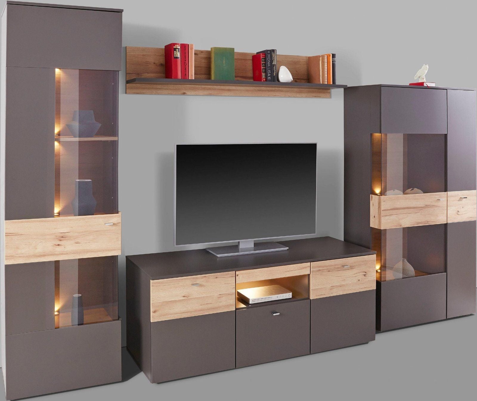 Wohnwand Grau/eichefarben matt Inklusive Beleuchtung