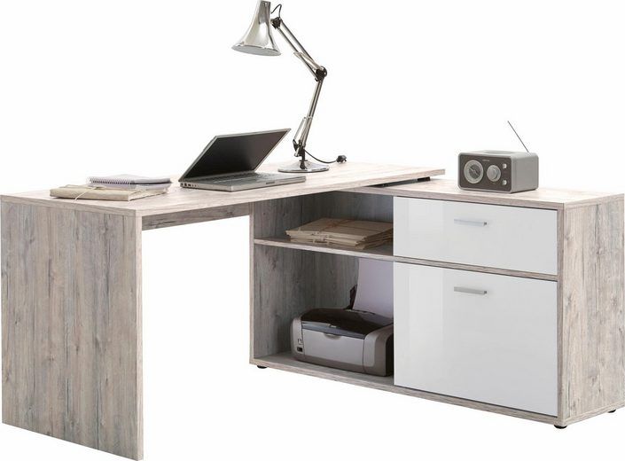 Eckschreibtisch Diego, sandeichefarben/weiß Hochglanz