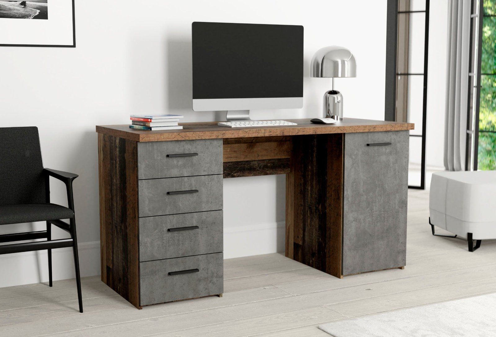 Schreibtisch »Netta« in Old Wood Vintage / Betonoptik Dunkelgrau