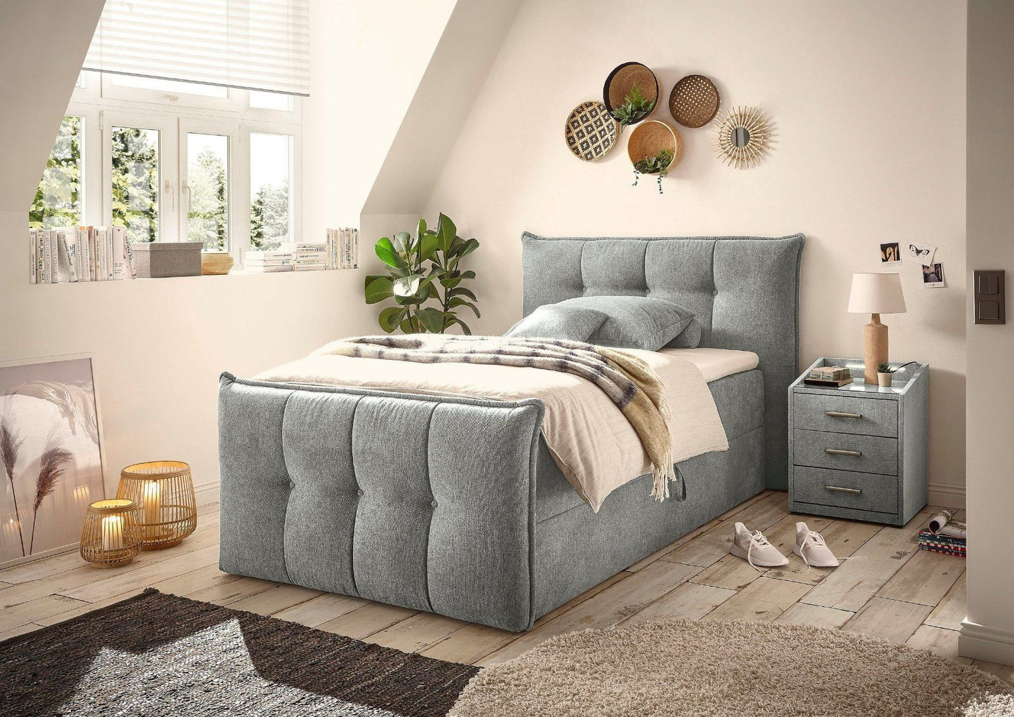 Boxbett Thompson, 140x200cm inkl. Bettkasten und Topper in grau