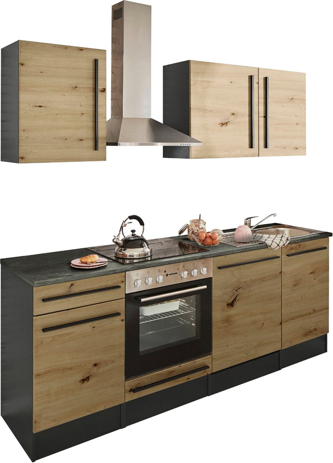 Küchenzeile »Jazz« Breite 220 cm mit E-Geräten anthrazit/artisan eiche-metallic braun