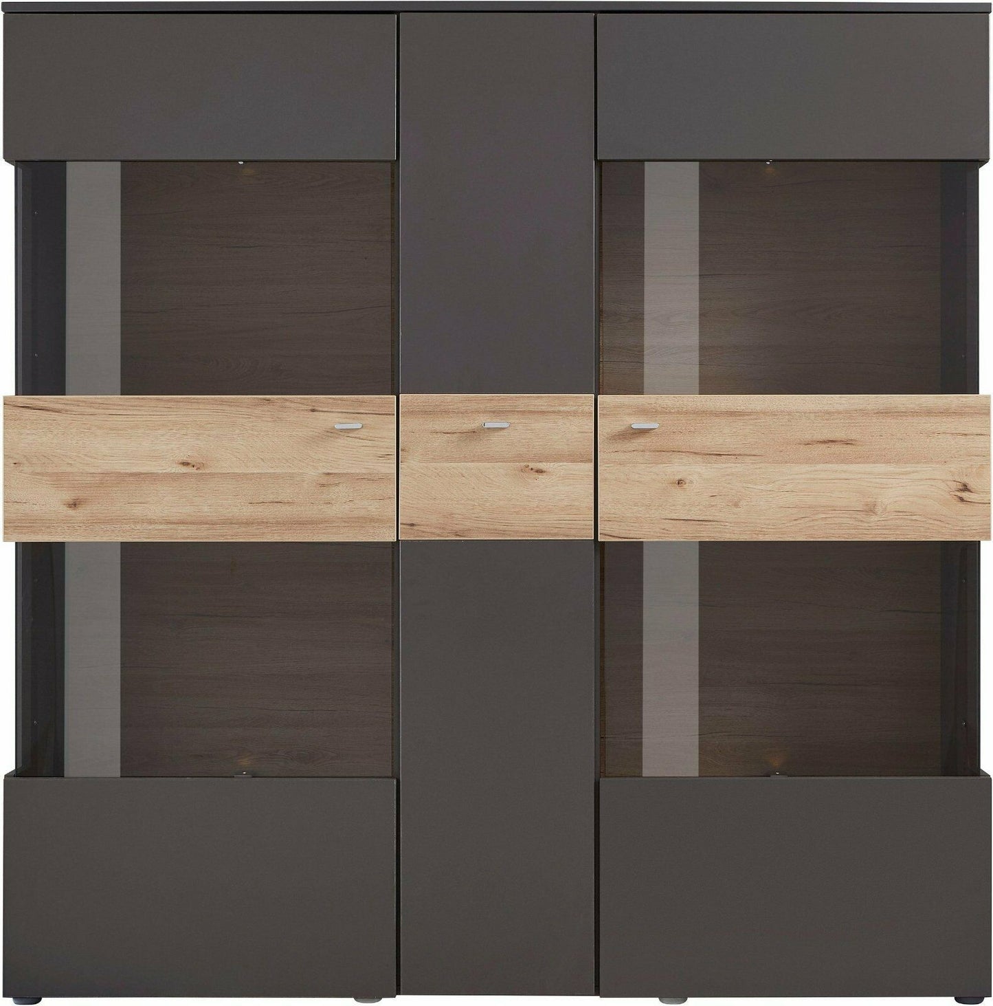 Vitrine Breite 150 cm, inkl. Beleuchtung in grau-eichefarben