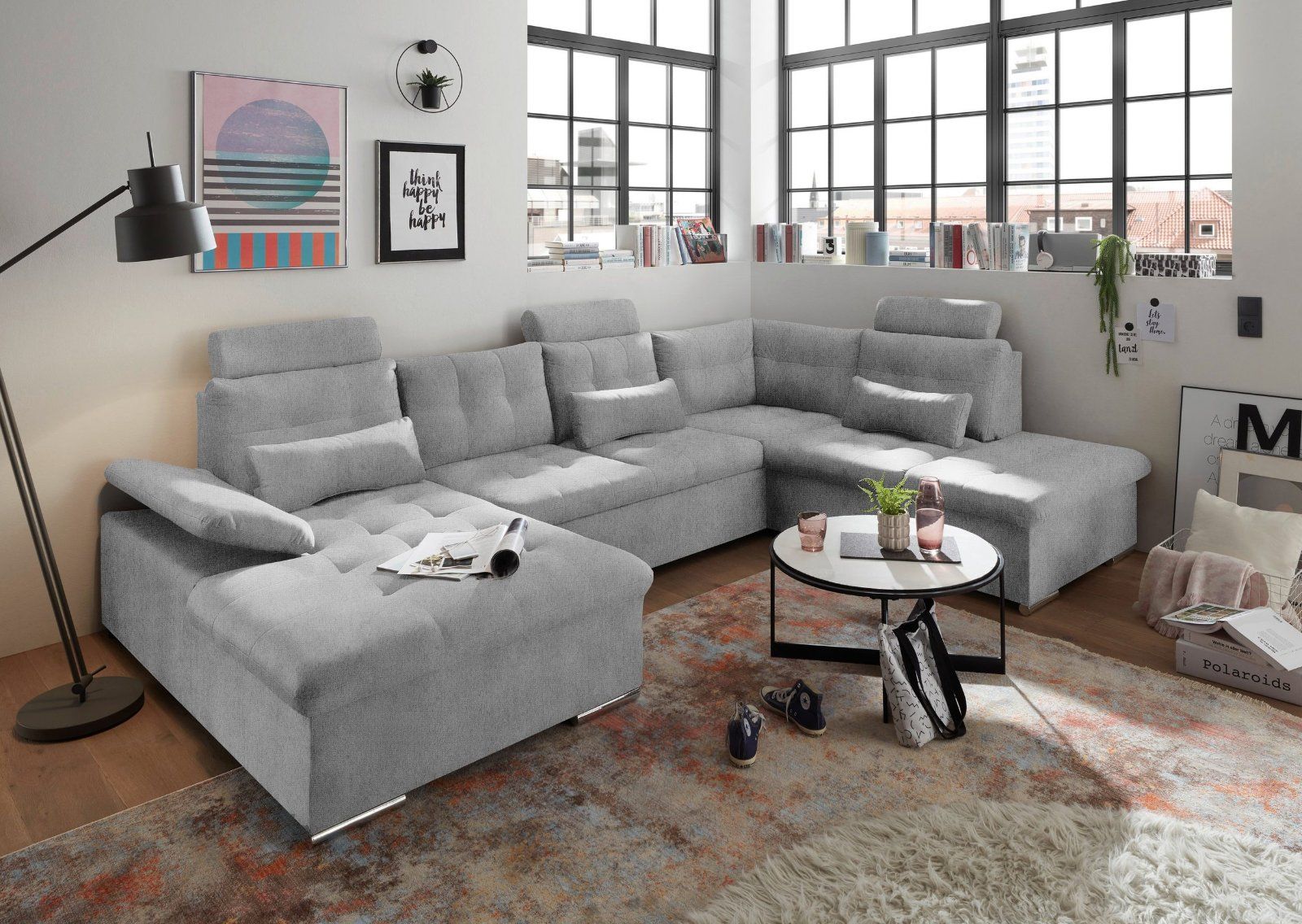 Wohnlandschaft Jakarta, mit Bettfunktion, Bettkasten, Kopfstütze in hellgrau