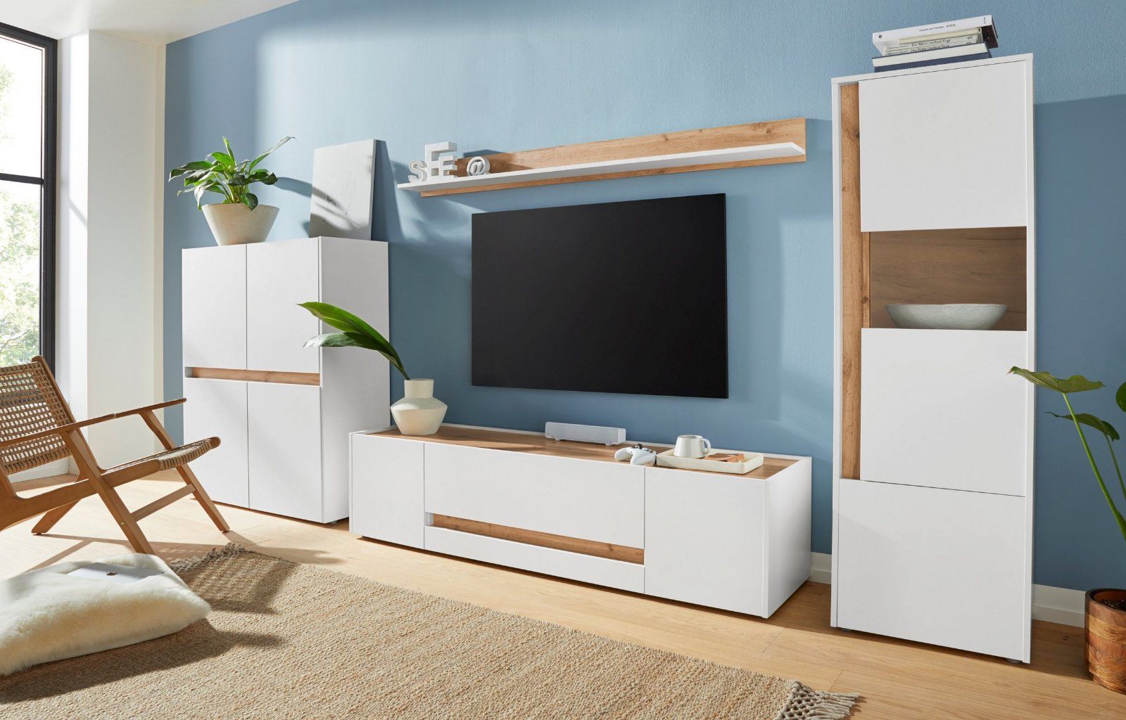 Wohnwand / Wohnzimmer-Set »Giron« in weiß/Wotan Eiche