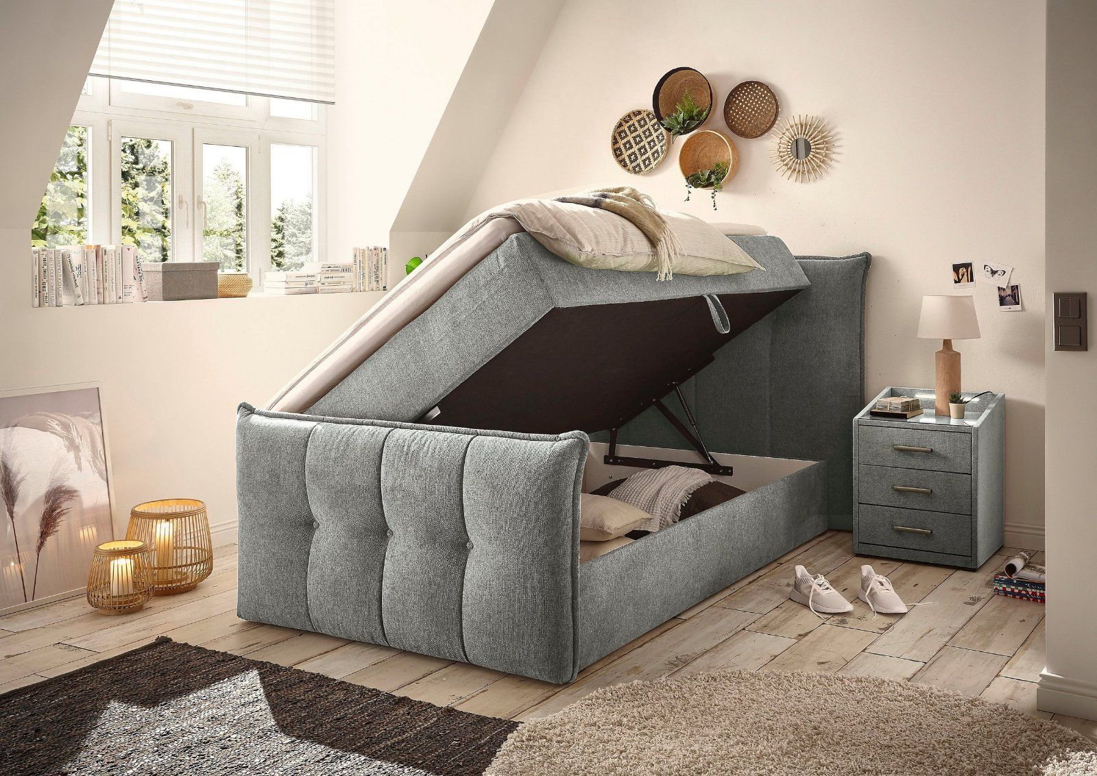 Boxbett Thompson, 140x200cm inkl. Bettkasten und Topper in grau