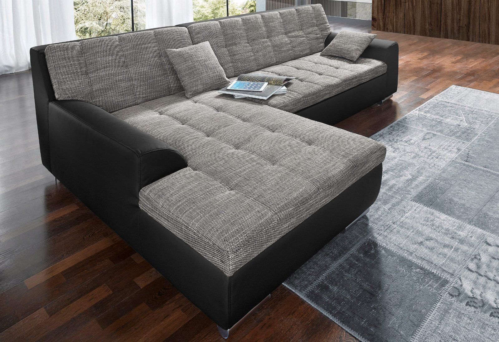 Ecksofa Treviso in Microfaser Struktur schwarz pepper