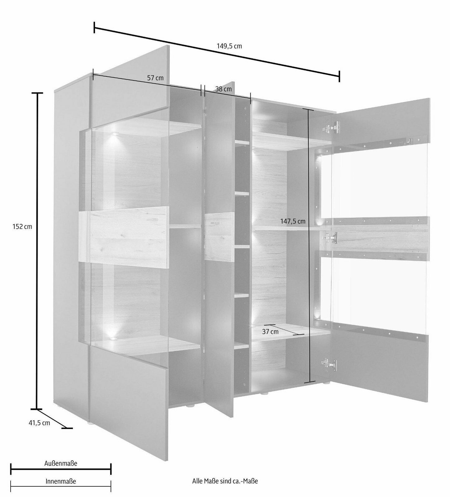 Vitrine Breite 150 cm, inkl. Beleuchtung in grau-eichefarben