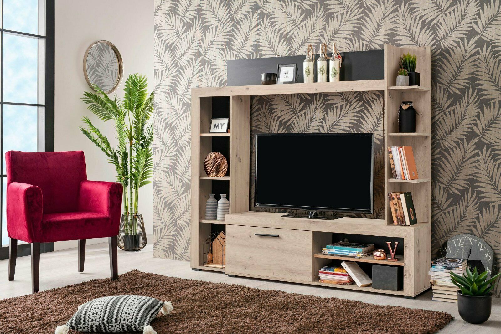 Wohnwand »Rubi«, (Set, 4-St) Grau Eichefarben /schwarz