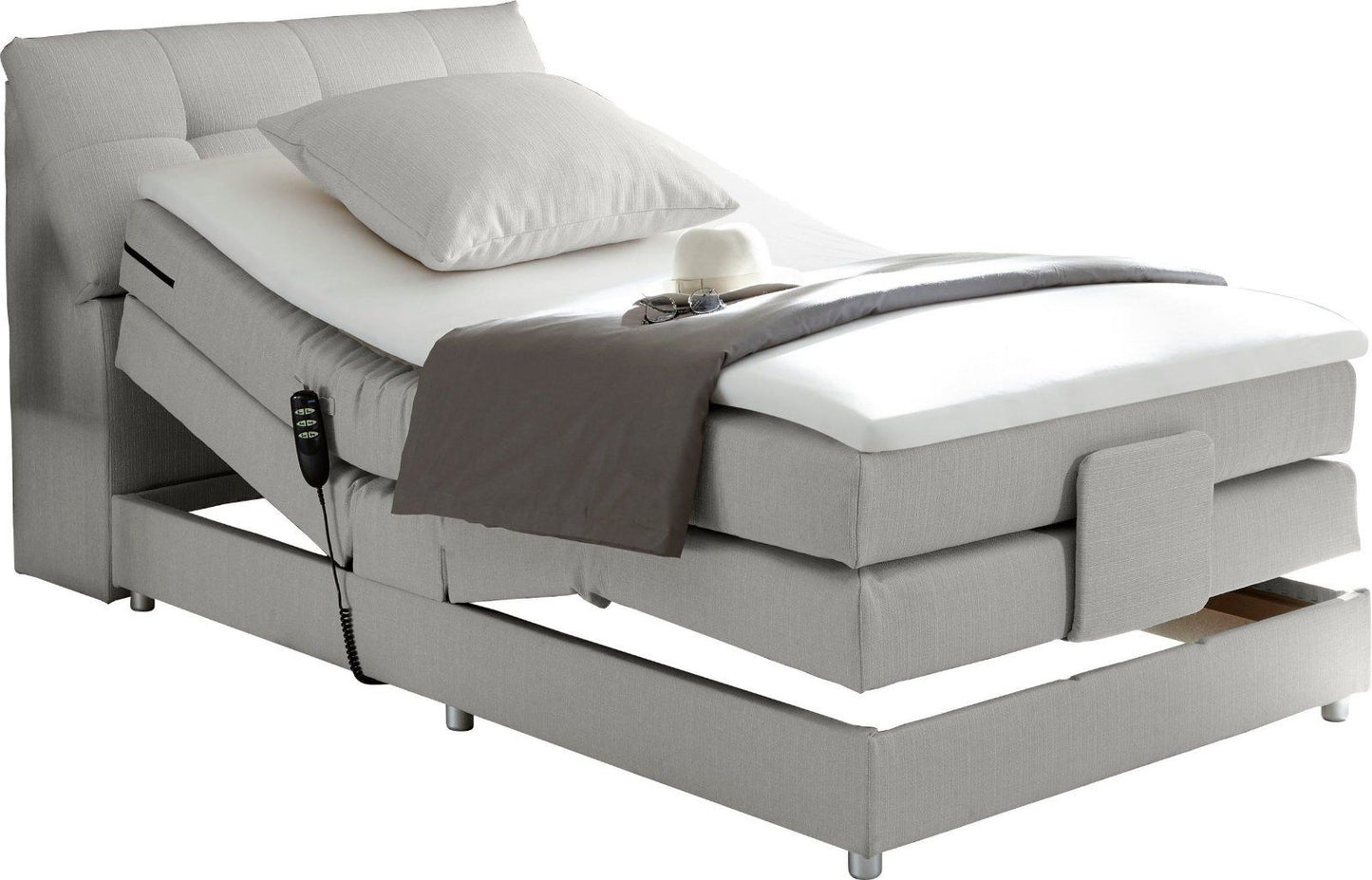 Boxspringbett »Concord« inkl. Motor, 120x200cm, Stauraum im Kopfteil und Topper in hellgrau